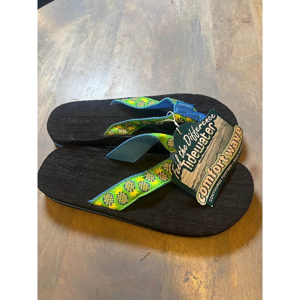 Tidewater Womens Flip Flop Sandals Pineapple Print Black Blue Green Size 10 NWT
